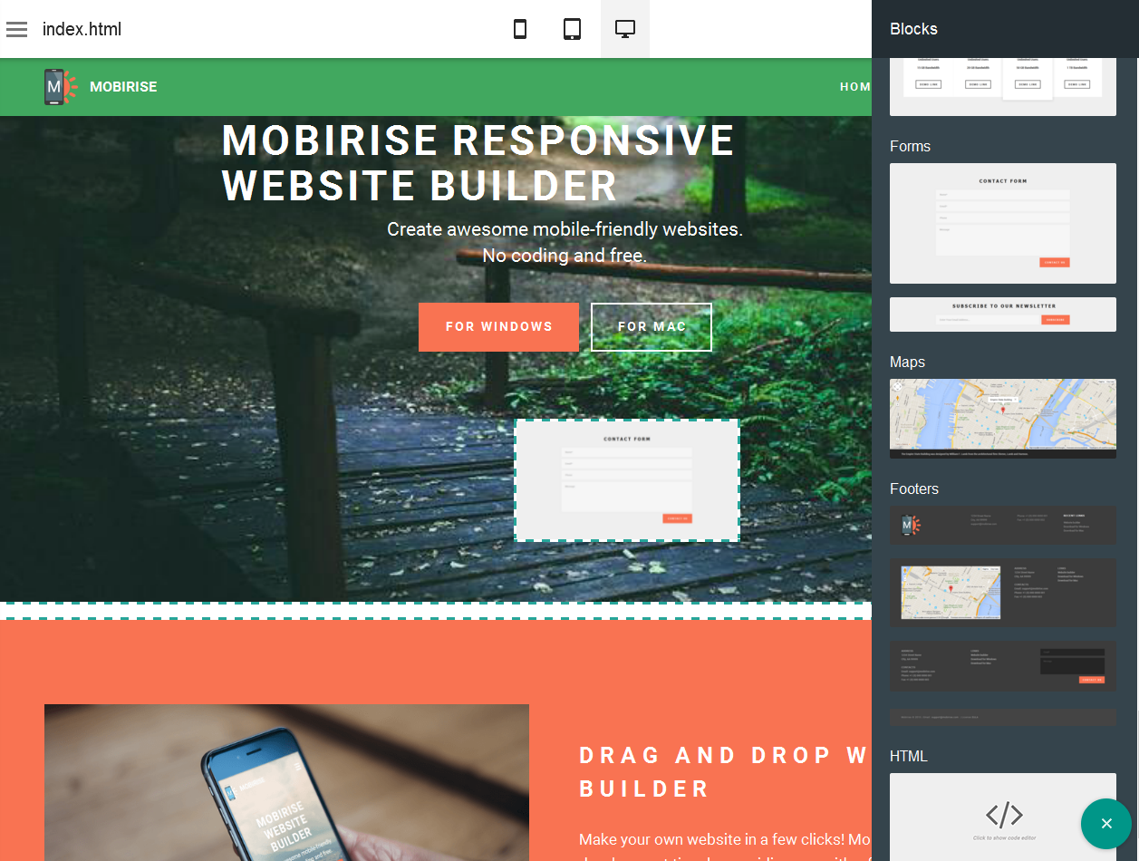 Mobirise is a WYSIWYG a bootstrap 3 web building application easy for a newbie to building mobile friendly websites.
