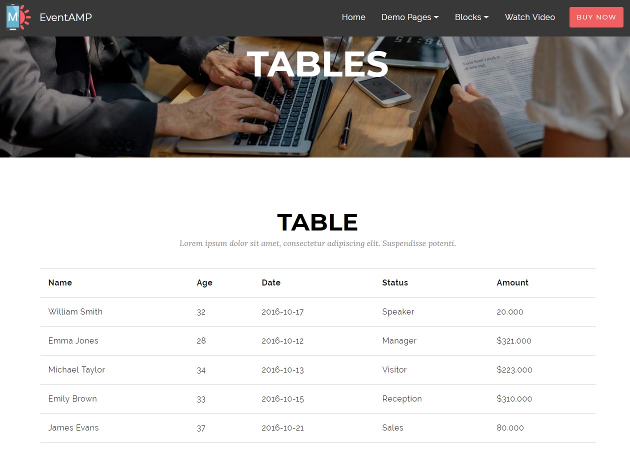 EventAMP HTML Tables Templates